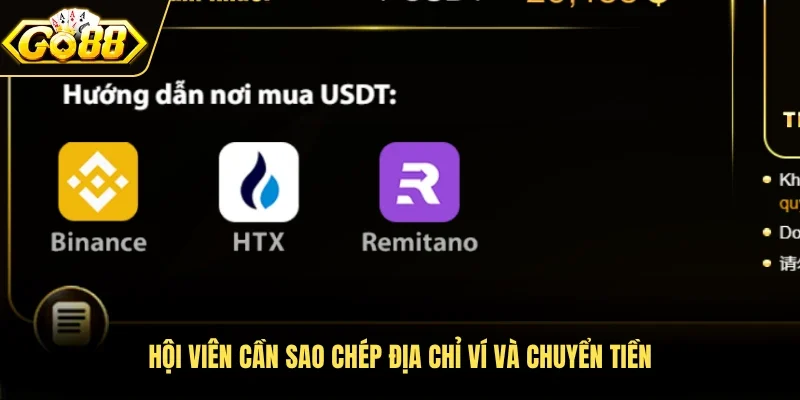 Hội viên cần sao chép địa chỉ ví và chuyển tiền